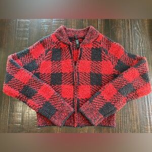SKIMS Cozy Knit Sweater Red Black Full Zip Brick Buffalo Check Plaid L/XL